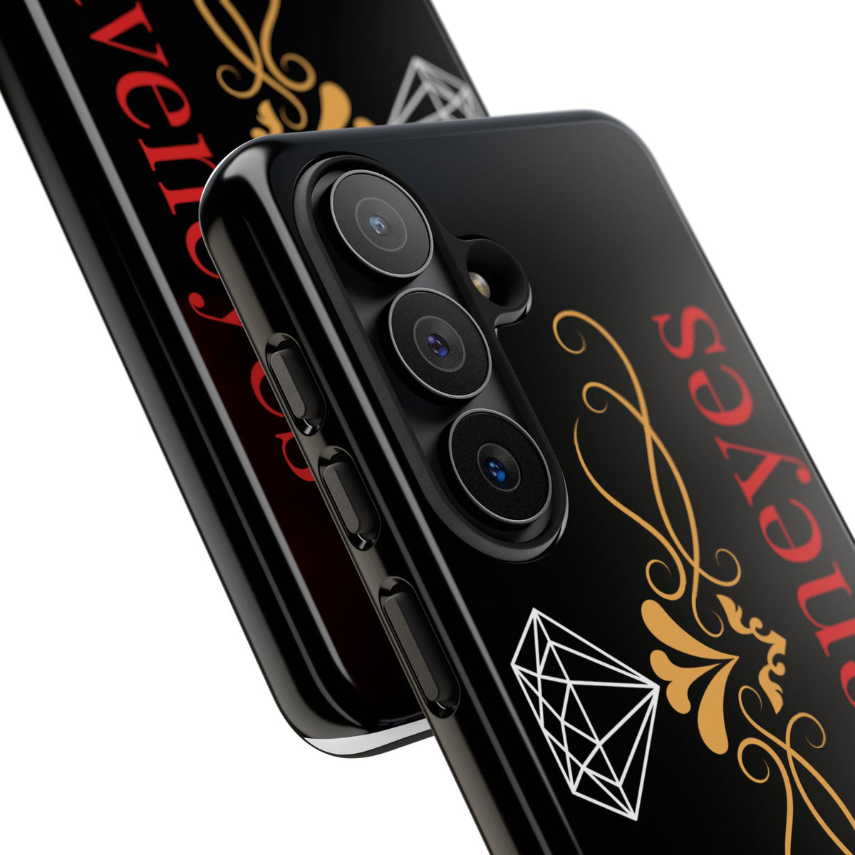 Raveneyes Protective Phone Case – Elegant Gold Scroll & Diamond Design